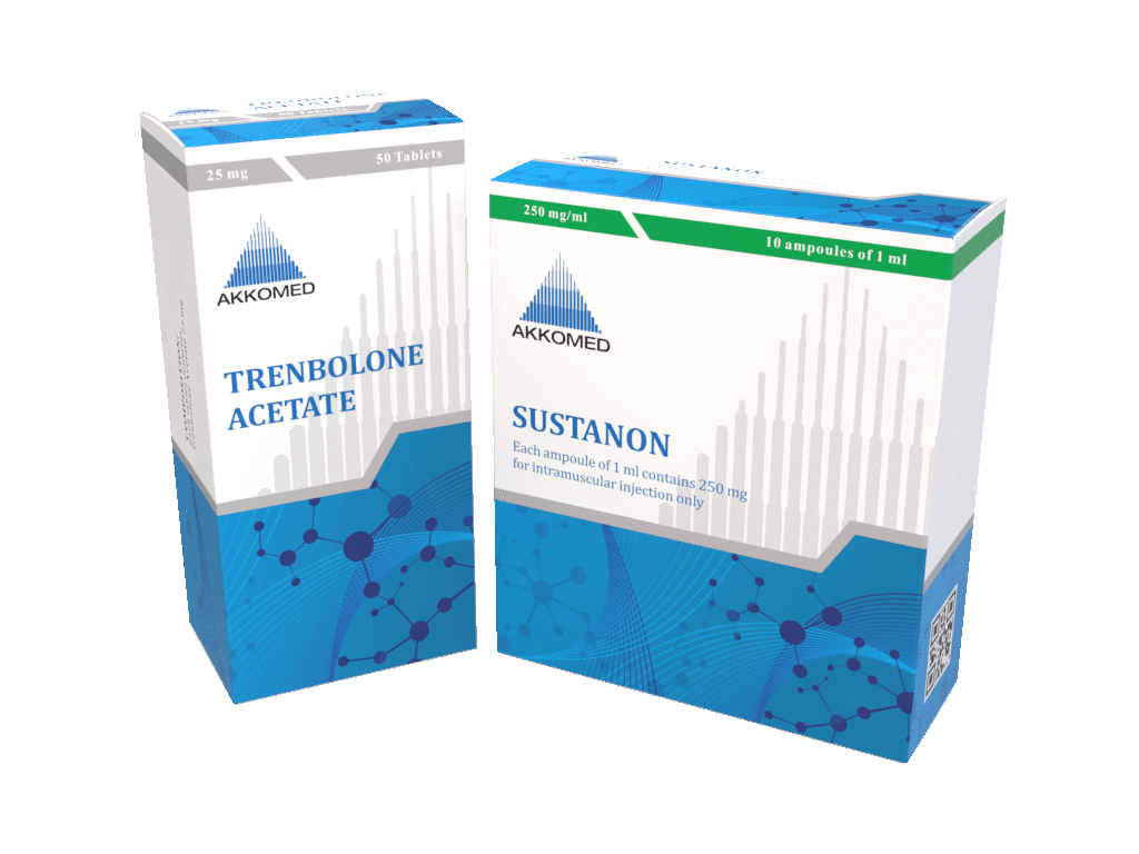 Akkomed szteroid termékek – Trenbolone Acetate és Sustanon csomagolása prémium minőségben, testépítőknek tervezve.