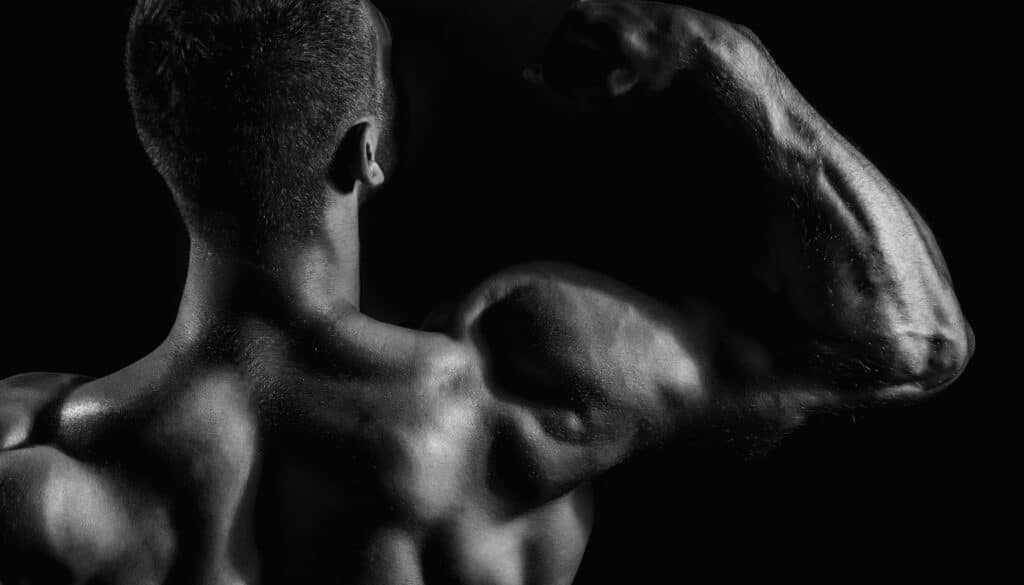 HADES Pharma – testépítő hátának és karjának izomvonalai láthatók, amint erőteljesen megfeszíti a bicepszét.