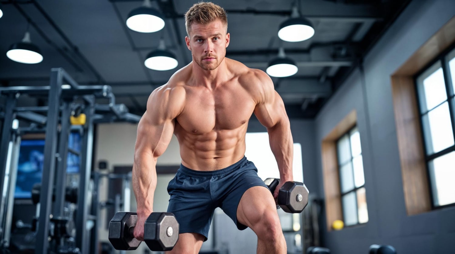 Izmos férfi edzőteremben két kézi súlyzóval edz, a Somatropine hatásának köszönhetően fejlett fizikumot mutatva.