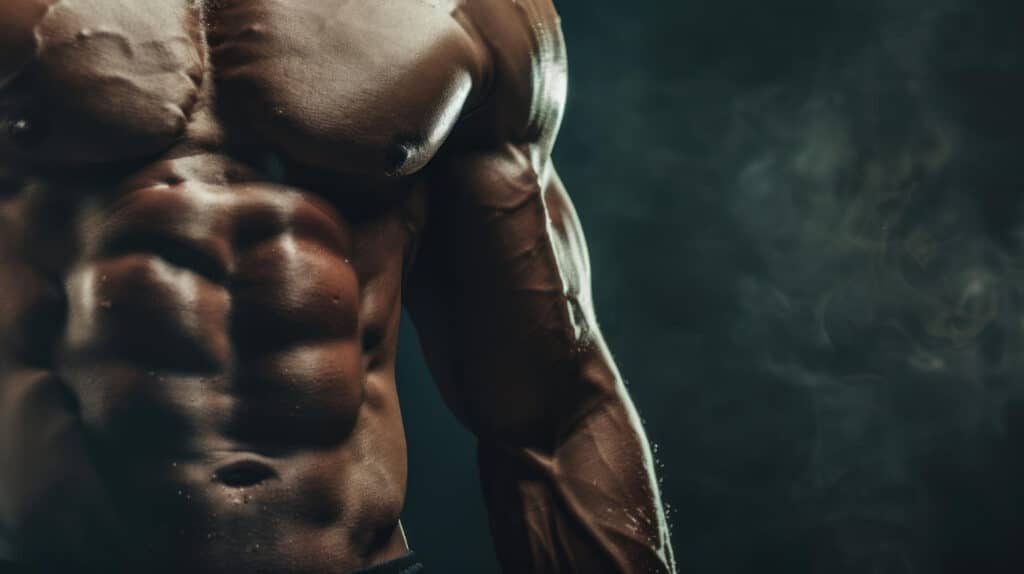 Erősen definiált férfi felsőtest és hasizmok stanozolol tabletta hatásával a testépítésben.