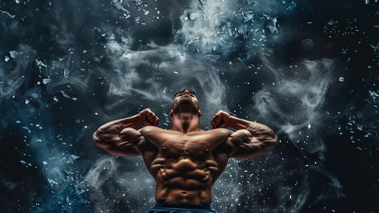 Izmos férfi testépítő pózol törő jég hatású háttér előtt, a stanozolol tabletta eredményeit szimbolizálva.